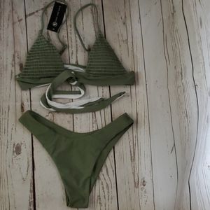 Kara and Kate ruched front string bikini olive green Medium